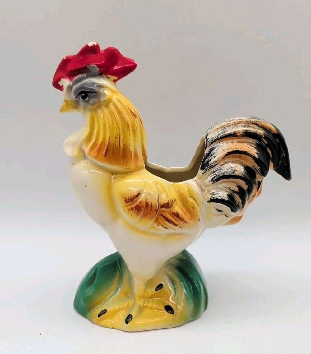 Vtg Ceramic Rooster Chicken Planter Multicolor Farmhouse Style